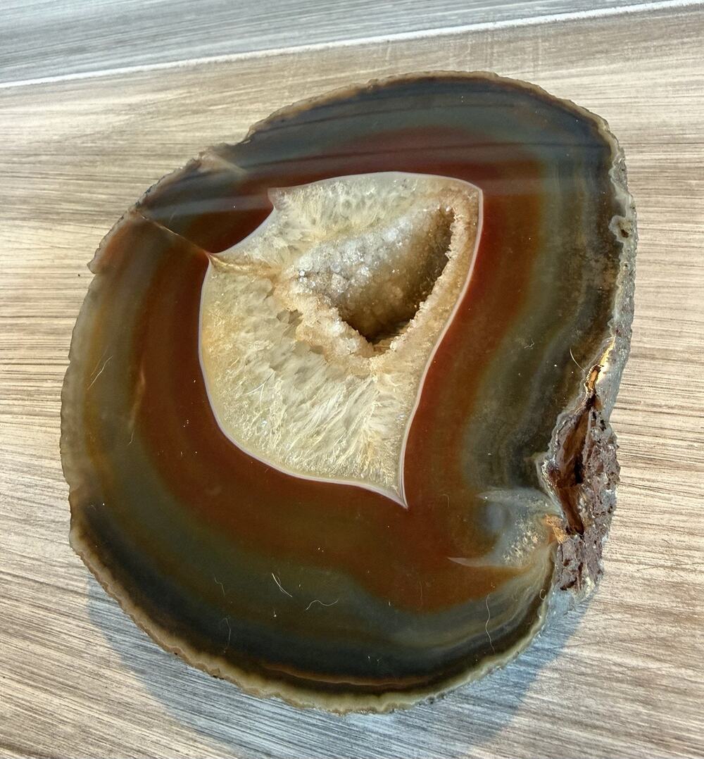 Polished Banded Agate Geode Slice Druzy Crystal Center Brown Cream 5.5 in
